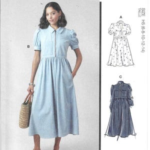 McCall's Pattern M8553 Pullover Dress Has Collar, Front Zip, Pockets, Full Skirt, Hem and Sleeve Length Variations
