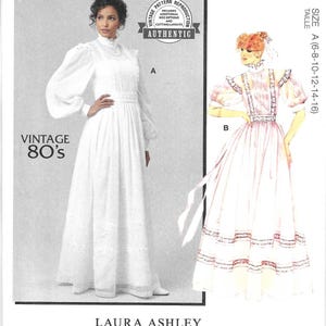 May include: McCall's sewing pattern featuring vintage 80s designs. The pattern includes options for dresses, with illustrations of a white dress and a pink dress. The pattern is designed and printed in the USA.