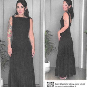 May include: A sewing pattern envelope for Simplicity style S3265, featuring a sleeveless black maxi dress with a square neckline and a tiered skirt. The packaging includes the text 'mimi G. A DIY & LIFESTYLE BRAND' and a QR code for a sew-along tutorial.
