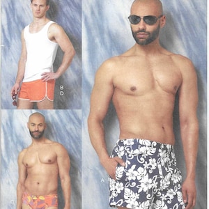 May include: Vogue Patterns sewing pattern featuring swimwear designs. The image shows a man in a white tank top and orange shorts, and another in blue floral print swim trunks. The pattern size is XM (SML-MED-LRG).