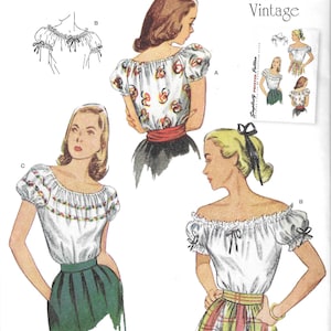 Simplicity Pattern S9538 Easy 1940&#39;s Retro Repro Peasant Blouse Short Puffed Raglan Sleeves with Elastic Casings Misses&#39; Sizes 14 - 22