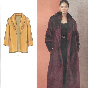 May include: Simplicity sewing pattern S3008 for a coat, featuring a yellow illustration of a mid-length coat labeled A and a photograph of a long, dark burgundy faux fur coat labeled B, with size information for U.S. sizes 8-16 printed on the front.