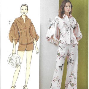 May include: Butterick sewing pattern B7045. The pattern features two outfits: a brown short set with a button-down shirt and shorts, and a floral print pantsuit with a button-down shirt and wide-leg pants. Size K5 (8-10-12-14-16).