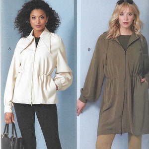 May include: Vogue Patterns sewing pattern for a jacket with two different styles. The first style is a white jacket with a zipper and a collar. The second style is a green jacket with a hood and a zipper. The pattern is for sizes S-M-L-XL-XXL.