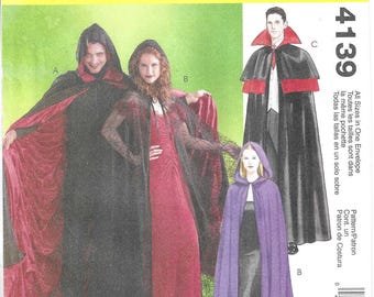 McCall's Pattern 4139 Adult and Teens' Trimmed Costume Capes have Hood and Collar Variations Sizes S - XL