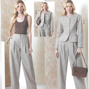 May include: Vogue Patterns V2166 sewing pattern envelope featuring a light gray jacket and wide-leg trousers. The pattern includes sizes 8-10-12-14-16. The jacket has a collarless neckline and front buttons, while the trousers feature a pleated waist.