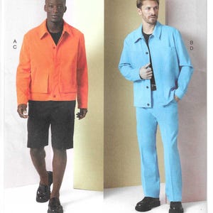 May include: Vogue Patterns V2022 sewing pattern. The image shows two men modeling outfits. One wears an orange jacket and black shorts, the other a light blue jacket and matching pants. The Vogue Patterns logo is at the top.