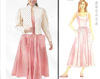 McCall's Pattern M8464 Laura Ashley 1980's Retro Repro Sundress Has Fitted Bodice and Full Skirt with Pockets, Jacket Misses' Sizes