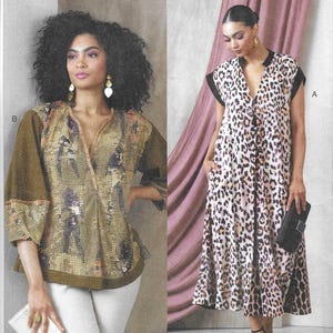 May include: Vogue Patterns sewing pattern for a tunic top and a long dress with a leopard print. The pattern number is V1937. The pattern is designed and printed in the USA.