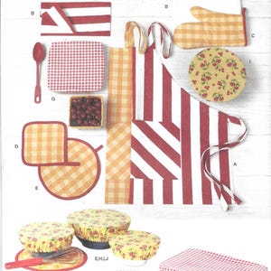 May include: Simplicity S3058 sewing pattern featuring various kitchen accessories. Includes a red and white striped apron, oven mitt, pot holders, bowl covers, and a spoon. The pattern is easy-to-sew and designed and printed in the USA.