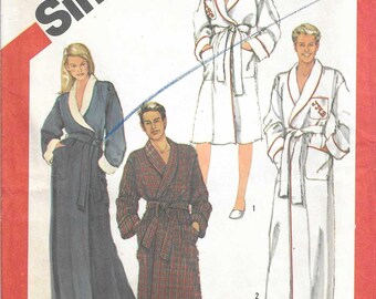Simplicity Pattern 6188 80's Vintage His or Hers Robes Have Shawl Collar, Patch Pockets, Tie Belt and Length Variations Adult Small 32 - 34"