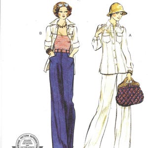May include: Vogue Patterns sewing pattern V1966. The illustration shows two figures in 1970s-style outfits. One figure wears a white shirt, pants, and a hat, carrying a patterned bag. The other wears a striped top, blue pants, and a white jacket.