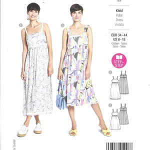 May include: A sewing pattern for a sleeveless dress with a gathered skirt. The pattern includes two variations: one with a floral print and one with a white print. The pattern is for sizes 34-44 EUR or 8-18 US. The pattern is labeled "burda style" and includes instructions for sewing the dress.