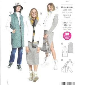 May include: A Burda Style sewing pattern featuring three models showcasing vests and jackets. The cover includes the number 5869, size information, and the words "fortgeschritten" and "advanced". The models are wearing various styles of vests and jackets.