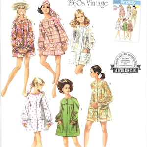 May include: Simplicity sewing pattern S9914 featuring 1960s vintage dresses. The pattern includes multiple dress designs with long sleeves, pockets, and various prints. The image shows illustrations of the dresses and includes the text "easy-to-sew".