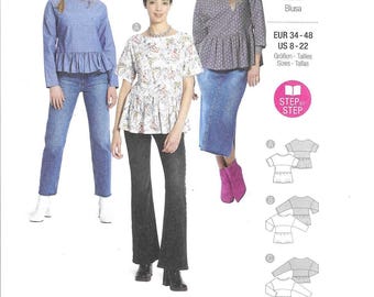 Burda Pattern 5856 Pullover Top Has Dropped Shoulders, Midriff Section, Ruffled Hem Variations, Sleeve Length Variations Misses' 8 - 22