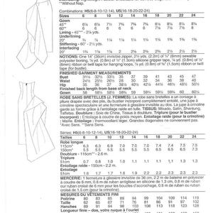 May include: Vogue pattern V2131 for a gown, featuring bust, waist, and hip measurements in inches. Includes sizes 6-24, with finished garment measurements. The pattern also lists required notions and fabric details.