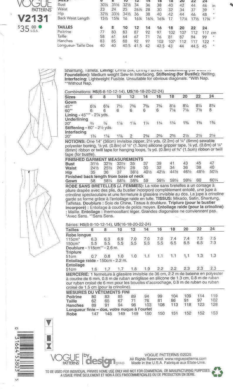 May include: Vogue pattern V2131 for a gown, featuring bust, waist, and hip measurements in inches. Includes sizes 6-24, with finished garment measurements. The pattern also lists required notions and fabric details.