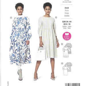 May include: A Burda Style sewing pattern featuring two dress designs. One dress is white with blue floral print, the other is a light-colored plaid. The pattern includes sizes EUR 34-44 and US 8-18.