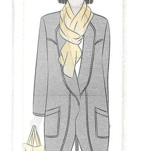 May include: Illustration of a gray coat with a yellow scarf and a yellow tote bag. The text "JOSEPHINE COAT" is at the top. The difficulty level is marked as "Medium".