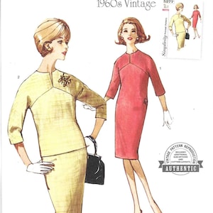 May include: Vintage Simplicity sewing pattern for a 1960s dress. The pattern is for sizes US 18-26, Euro 44-52, and French 46-54. The pattern includes two dress styles, one in yellow and one in pink. The pattern is labeled "Authentic Vintage Pattern Reproduction".
