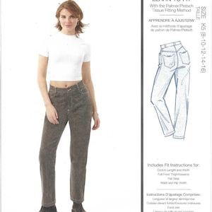 May include: McCall's sewing pattern featuring a woman in a white top and brown pants. The pattern includes instructions for fitting, with a diagram of jeans. The text reads "LEARN TO FIT" and "MELISSA WATSON".