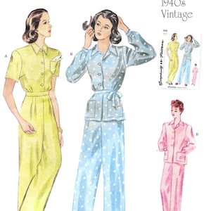 Simplicity Pattern S9635 1940&#39;s Retro Repro Lounge Wear Tops in Two Styles, Pants have Waistband and Concealed Side Closure  Misses&#39; 14 -22