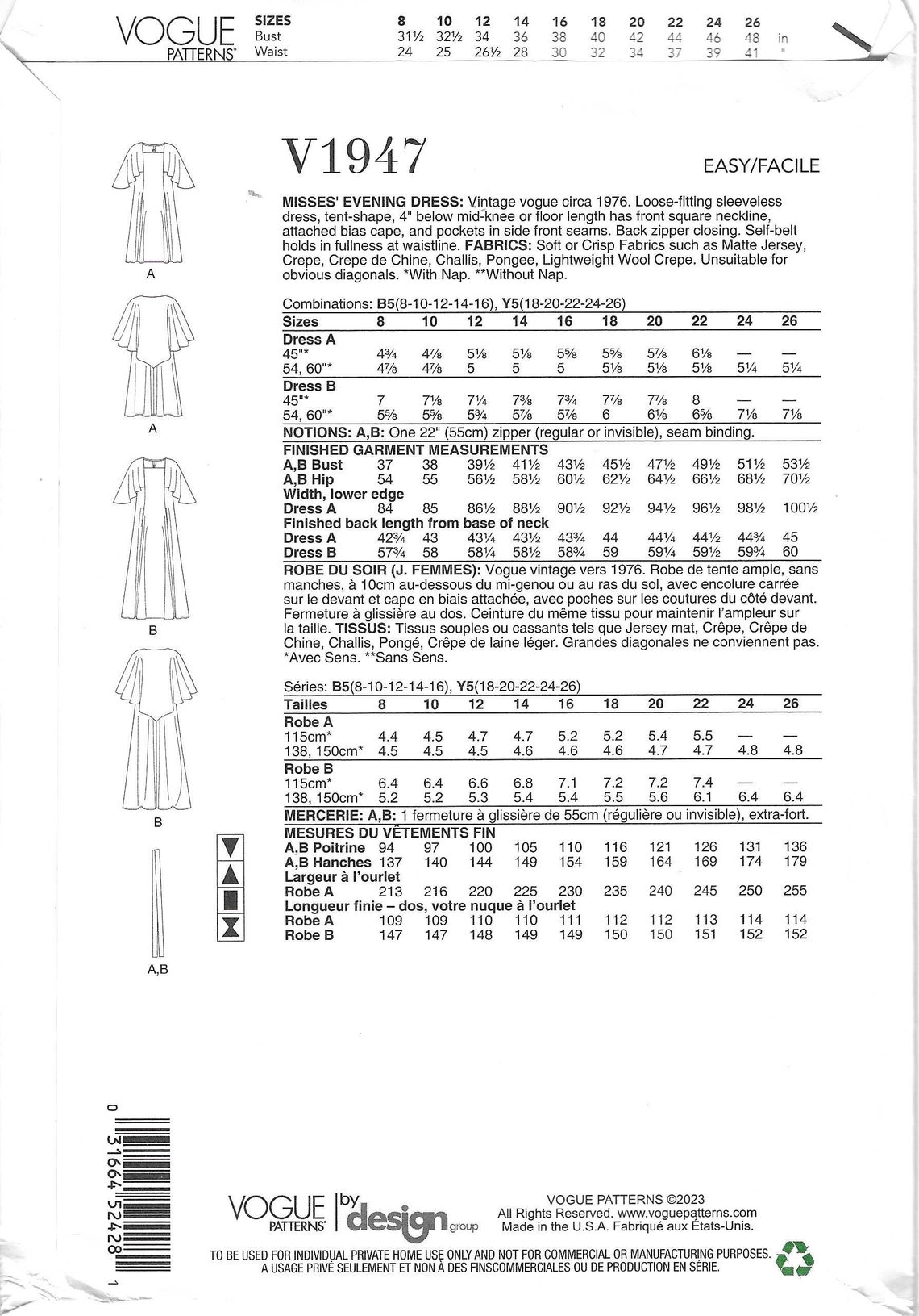 V1947 Pattern Vogue Pattern V1947 Vintage Model '76 Loose Fitting Sleeveless Evening ...