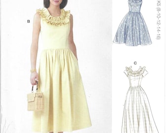 McCall's Pattern M8650 Dresses Have Scoop Neckline Double Ruffle Trim, Princess Seamed Bodice, Full Skirt and Pockets Misses' Sizes