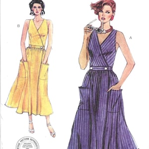May include: Vogue Patterns sewing pattern featuring two sleeveless dresses. One dress is yellow with large pockets, and the other is purple with white vertical stripes. The pattern is a reissue from 1985, designed and printed in the USA.