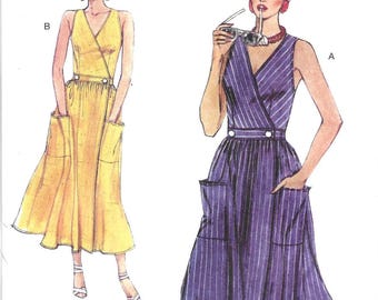 Vogue Pattern V2193 1985 Reissue Sleeveless Wrap Front Midi Dress with V Neckline, Full Skirt, Large Patch Pockets Misses' Sizes