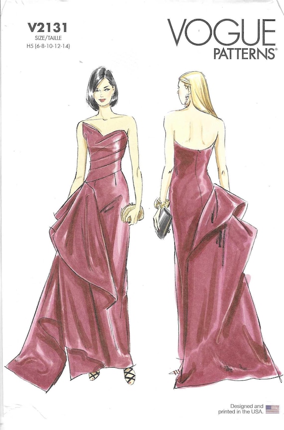 Vogue Pattern V2131 Lined Strapless Evening Gown Has Pleated Bodice and Draped Bustle Misses' Sizes Rated Advanced