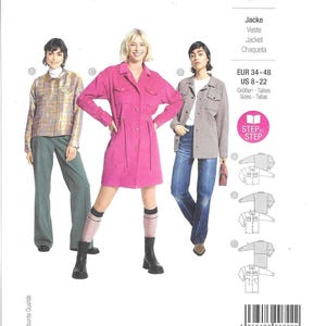 May include: A sewing pattern featuring three models wearing jackets. The pattern includes sizes US 8-22 and EUR 34-48. The image has the text "burda easy" and "super easy". The models are wearing a pink dress, a plaid jacket, and a brown and white jacket.