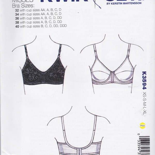 Kwik Sew Pattern K3594 Bras with Seamed Cups, Adjustable Straps, Two Hook Back Closure & Topstitching Detail - Misses 32AA - 40DDD OOP HTF