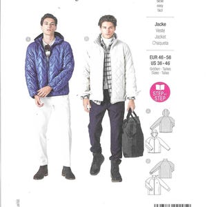 May include: Burda Style sewing pattern 5595 for a jacket. The envelope displays two variations: a blue quilted hooded jacket with white trousers and a light gray quilted jacket with a plaid shirt, dark trousers, and a black bag.