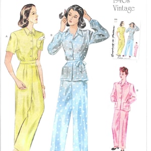 Simplicity Pattern S9635 1940's Vintage Repro Lounge or Pajama Set Has Button Front Top and Pleated Pants Misses' Size - OOP