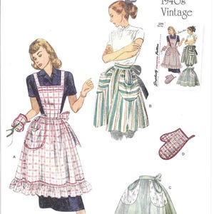 May include: Simplicity 1940s vintage sewing pattern S9496. The pattern features illustrations of aprons and oven mitts. The aprons have various designs, including plaid and striped patterns. The text "easy-to-sew" is also visible.