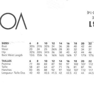 May include: Vogue Patterns V2131 sewing pattern with size chart. Includes bust, waist, hip, and back waist length measurements in inches. The pattern also includes measurements in centimeters.