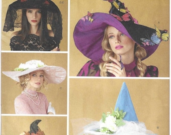 Simplicity Pattern S3031 Adult Sized Costume Hats Have Pointed or Flat Crowns, Brim Width & Trim Variations for Halloween, Cosplay One Size