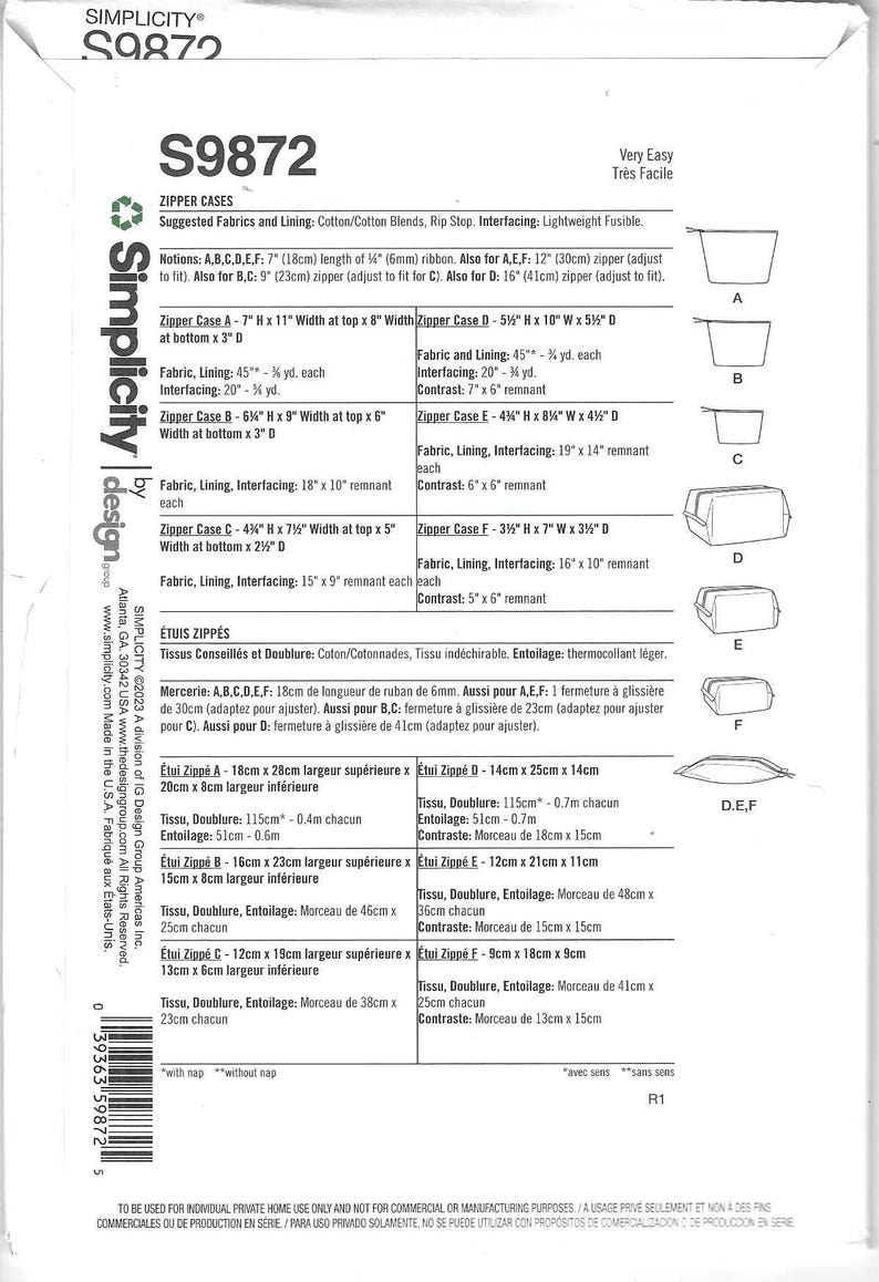 May include: A Simplicity S9872 sewing pattern envelope back featuring instructions for six zipper cases labeled A through F. The text includes fabric requirements, notions, and dimensions in inches and centimeters for each case design.