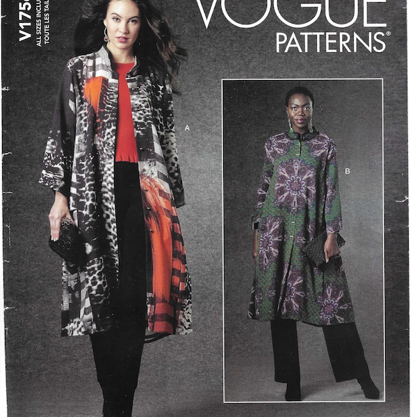 Vogue Pattern V1756 Today's Fit Sandra Betzina Loose Fitting Duster with Stand Collar, Button Front, Side Front Pockets Misses' All Sizes