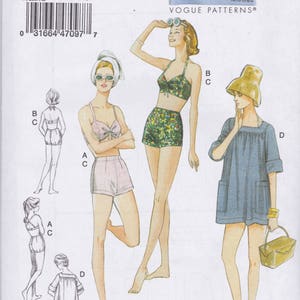Vogue Pattern V9255 Vogue Vintage Model 1960 Two Pc Bathing Suit Front Tie Strap Variations Swim Shorts  Pullover Cover Up Misses' Sizes