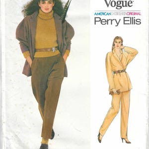 May include: A Very Easy Vogue sewing pattern envelope for a Perry Ellis American Designer Original, number 2356. The cover features a photograph of a person wearing a mauve blazer, mustard turtleneck, and brown trousers, alongside a fashion illustration.
