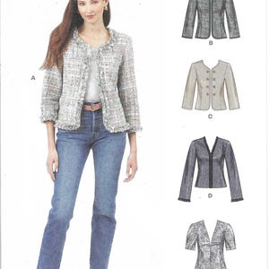 May include: A woman wearing a tweed jacket and blue jeans. The jacket is light-colored with a frayed trim. The image also shows illustrations of different jacket styles, including a button-up and a V-neck design. The pattern is New Look N6789.