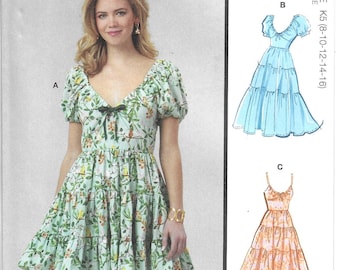 McCall's Pattern M8575 Dresses Have Gathered Front Neckline, Tiered Ruffle Skirt with Sleeve & Length Variations Misses' Sizes