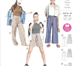 Burda Pattern 5707 Pull On Pants and Shorts have Elastic Casing Waist, Mock Fly and Pocket Variations Misses' 8 - 18