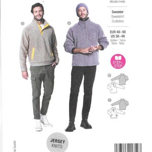 May include: A Burda Style pattern for sweaters and sweatshirts. The cover features two men modeling the garments. One is wearing a gray fleece pullover with a yellow collar, and the other is wearing a striped, zip-up sweater. The pattern includes sizes EUR 46-56 and US 36-46.
