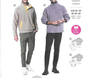 Burda Pattern 5791 Knit Pullover Has Neckline Placket or Zipper, Raglan Sleeves, Attached Cuffs, Pocket Variations Men's Sizes 36 - 46