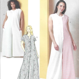 May include: Butterick sewing pattern B7029 featuring three jumpsuit designs. One is solid white, another is white with red stripes, and the third is a floral print. The pattern size is AA (10-12-14-16-18).
