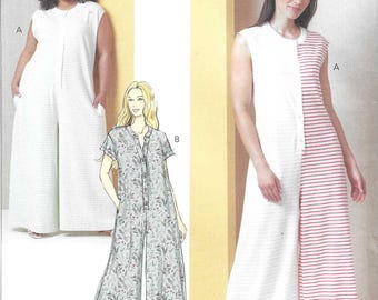 Butterick Pattern B7029 Wide Leg Knit Jumpsuit has Button Front Placket, Dropped Shoulder Seams, Optional Cap Sleeves
